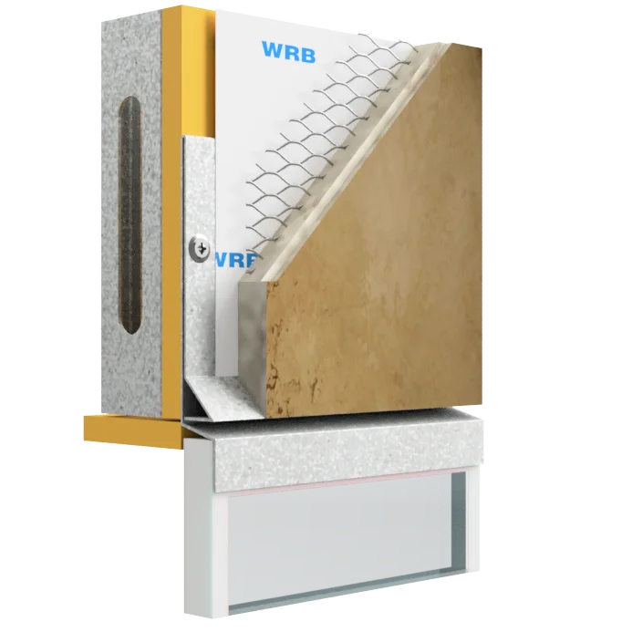 #3 Flashing Screed consists of a combined single piece 45° weep screed, for drainage, an a Z flashing for window head protection